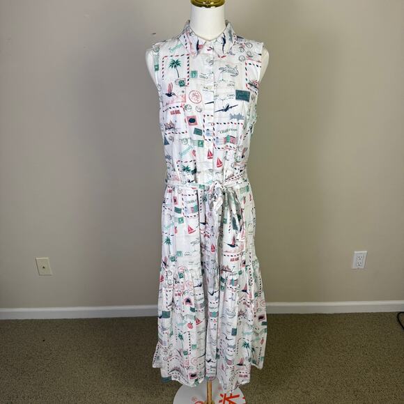 J Crew Postcard Vacation Button Up Belted Midi Dress US Women's 8 - Picture 2 of 7